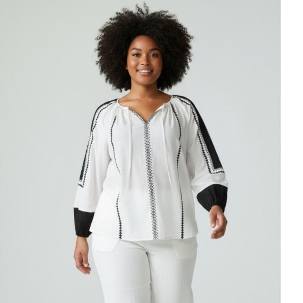 LANE BRYANT TOP WOMENS 18/20 3/4-SLEEVE SPLIT-NECK POPOVER BLOUSE WHITE BLACK